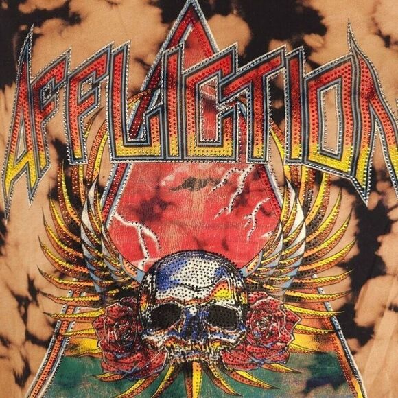 Affliction Rock N Roll T Shirt Womens Size Large Brown Skull Wings Rhinestones - Picture 3 of 8